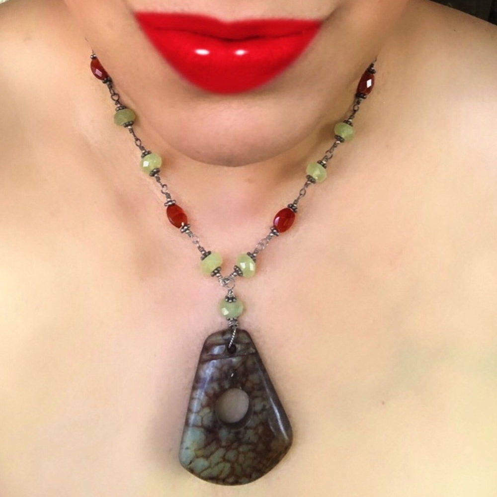 Sterling Silver Carnelian Prehnite Necklace Runway Boho Handmade Carved Gemstone